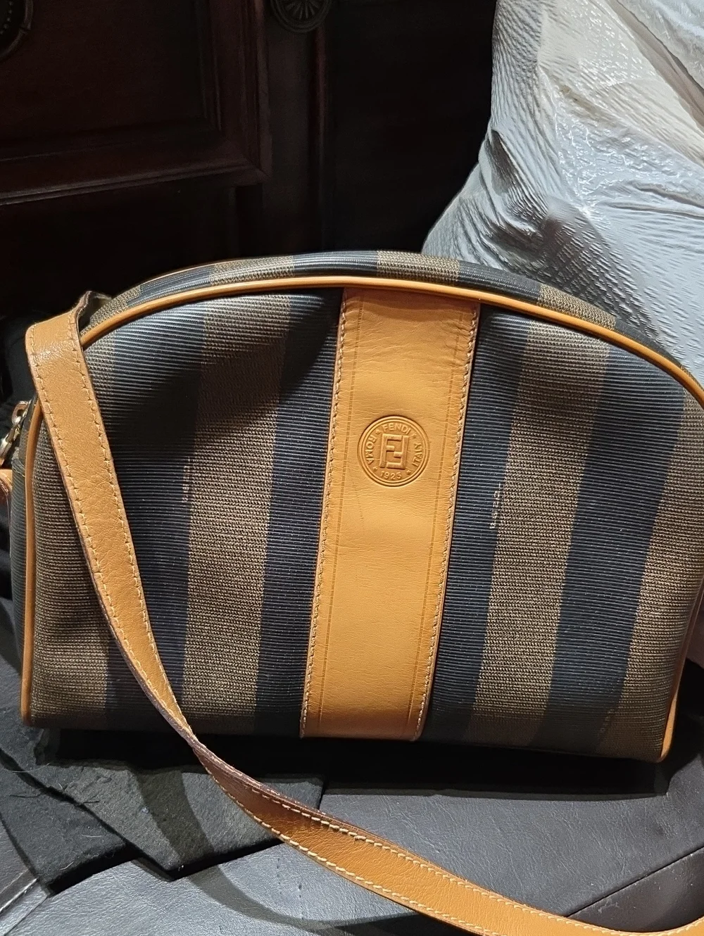 Fendi Brown and Tan Striped Canvas Messenger Bag